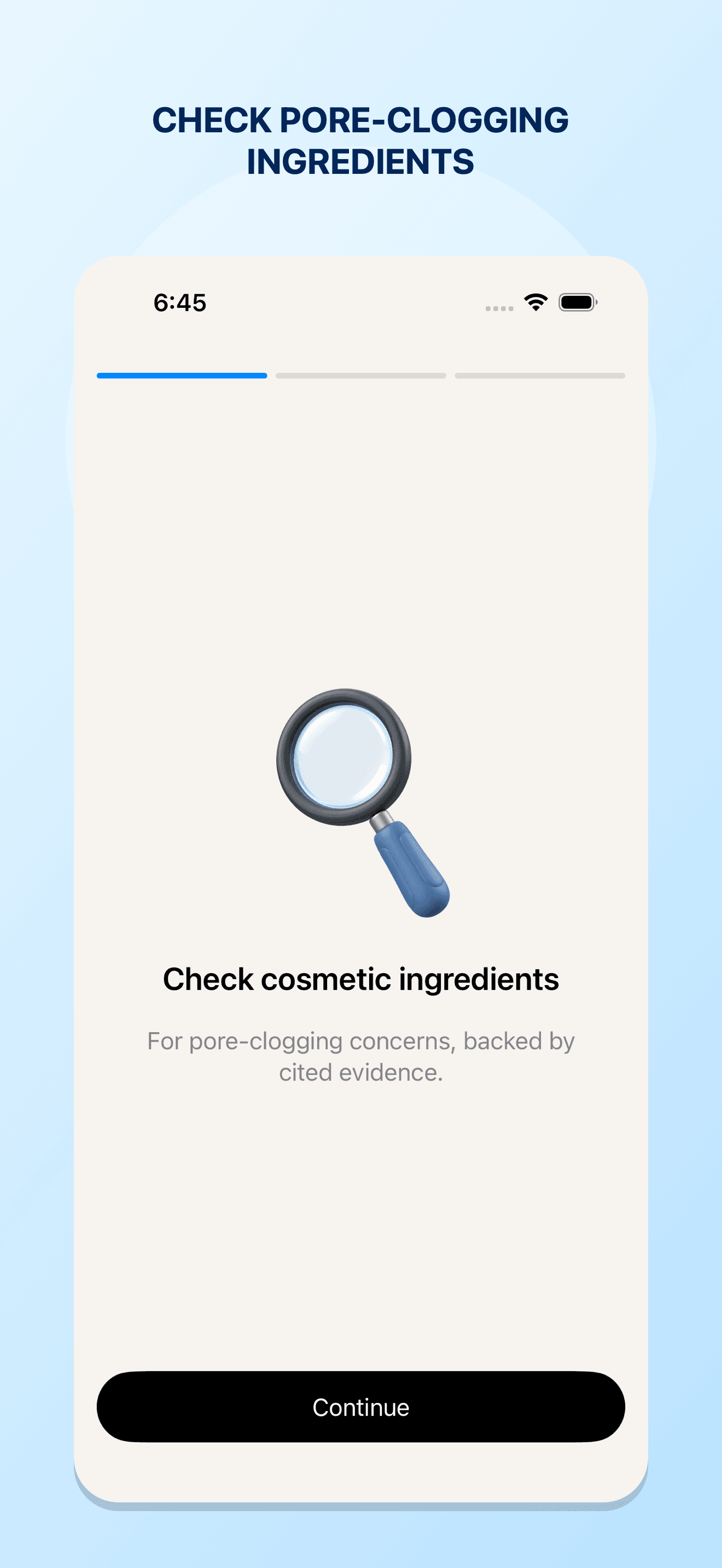 PoreEvidence scans a cosmetic ingredient label and opens cited evidence for the recognized ingredients.